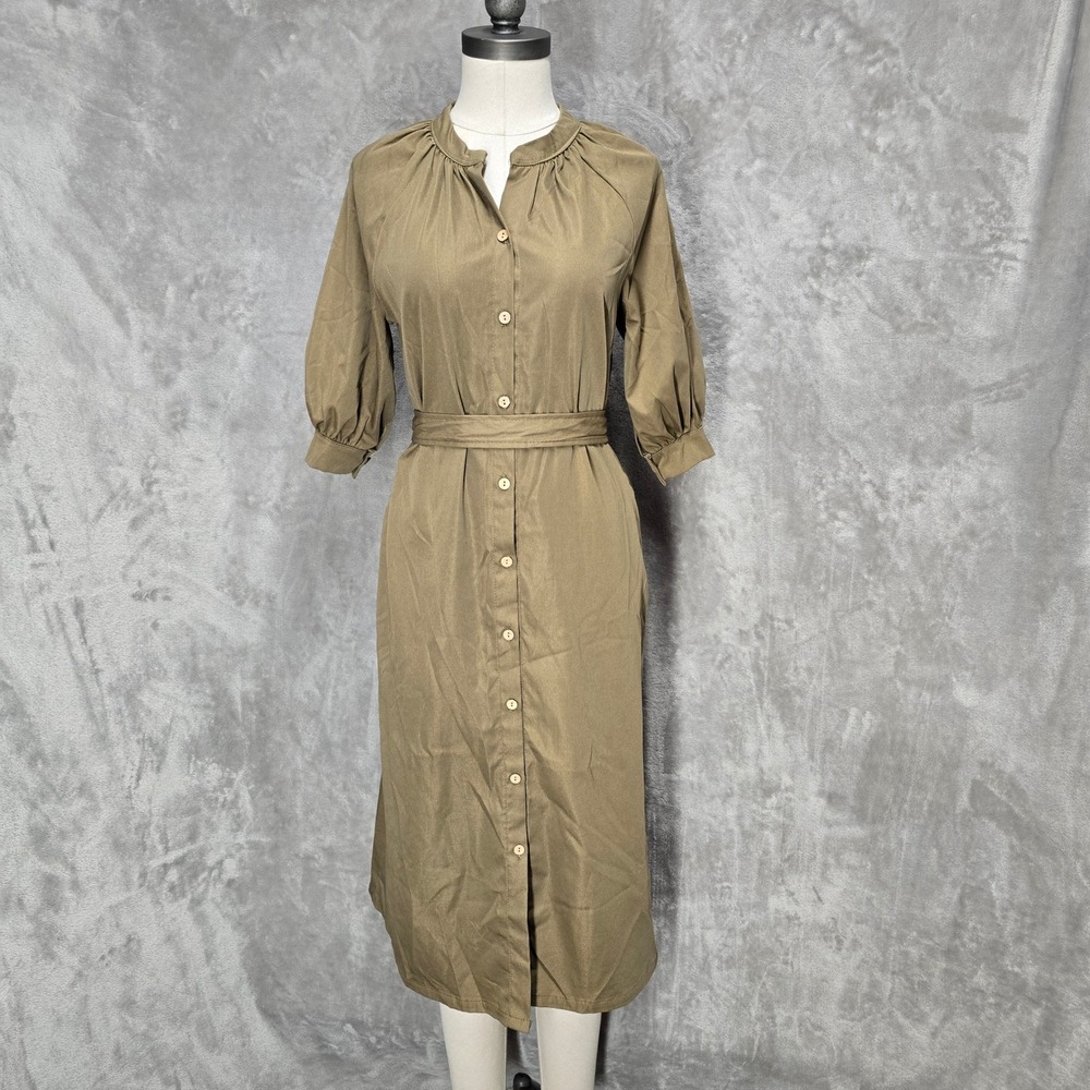 An Xing Shirt Dress Womens M Brown Button Front Belted Midi Pockets Minimalist